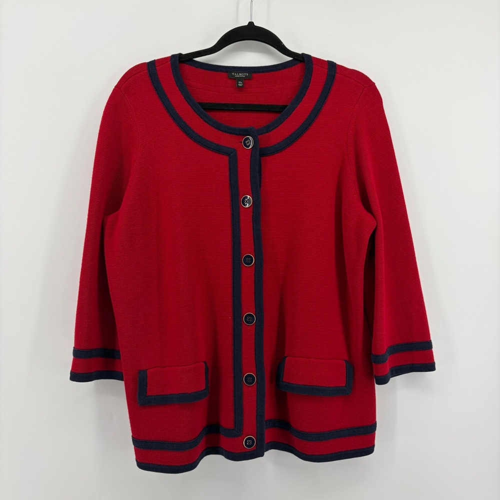 Talbots Woman Petite‎ Red Navy Trim Knit Cardigan Sweater 1XP